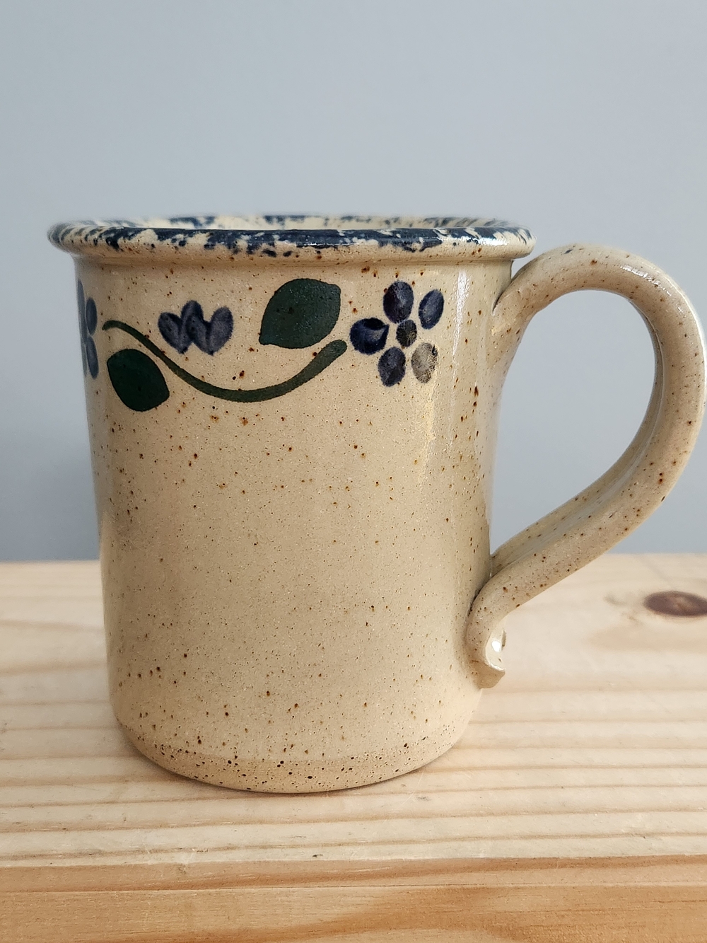 Three Rivers Pottery Hand-Painted Ceramic Mug with Sponge Rim Blue Floral Accent